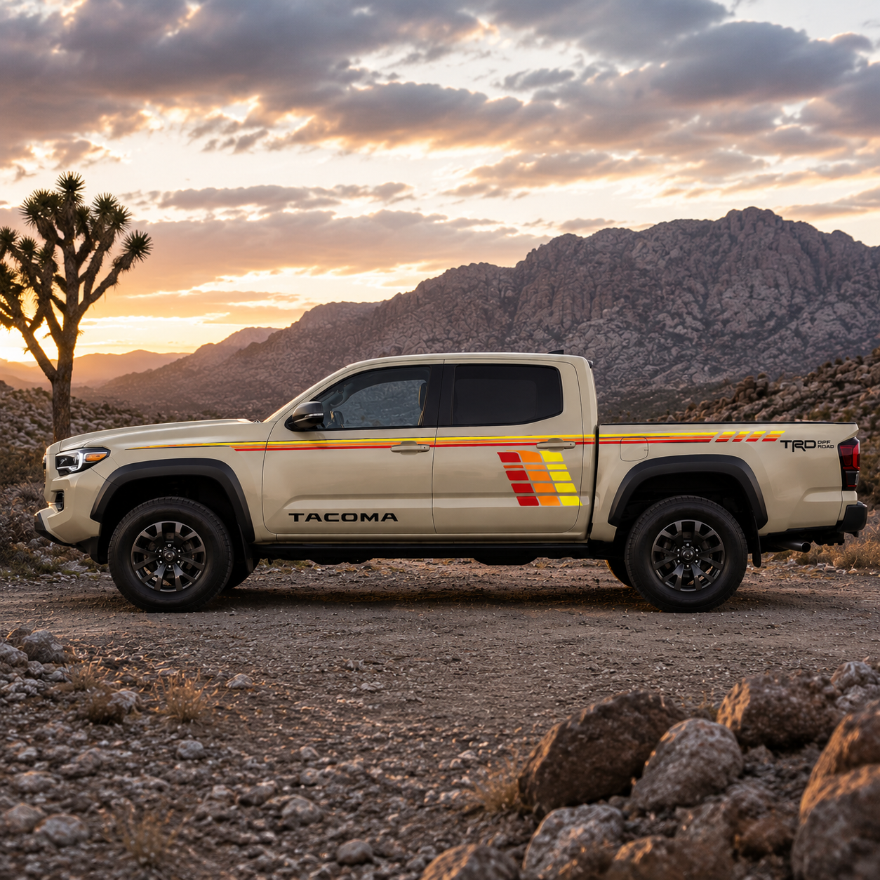 Retro stripe vinyl decal on Toyota Tacoma truck at sunset
