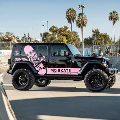 Black Jeep Wrangler with Pink Skateboard Street Style Side Stripe Vinyl Wrap near Palm Trees