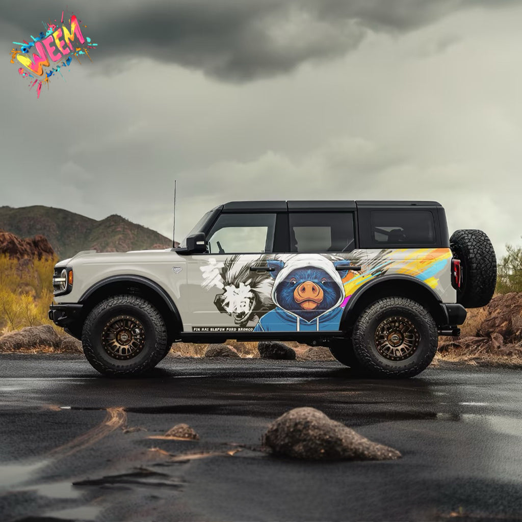 Cartoon Pig Car Decal for Ford Bronco | Street Art Animal Vinyl Wrap