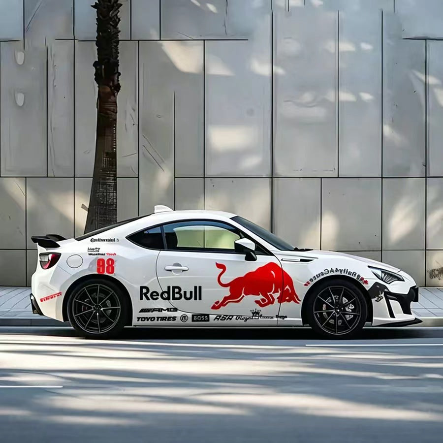 Red Bull Style Racing Vinyl Decal Applied on Sport Coupe Side Panel