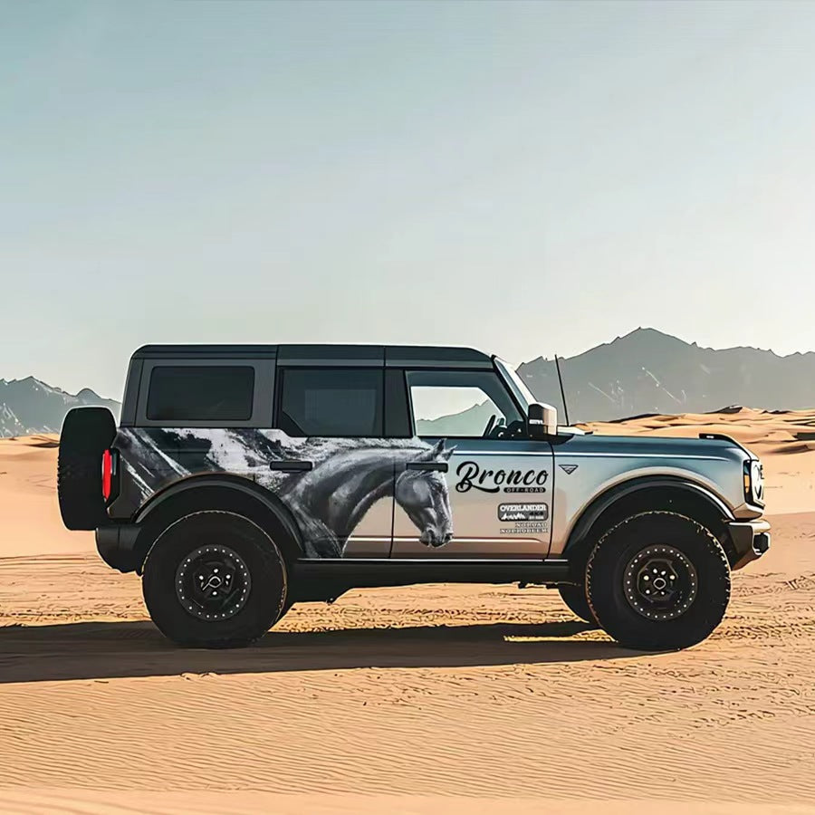 Black Horse SUV Decal – Brush Stroke Animal Side Graphic Vinyl Wrap Kit on Gray Ford Bronco in Desert