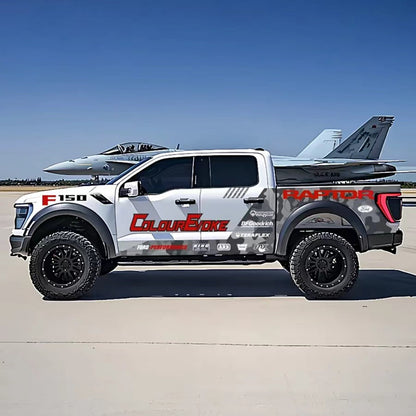 Racing Stripe Cloud Strike Vinyl Wrap Applied on Ford Raptor – Performance Decal Side View