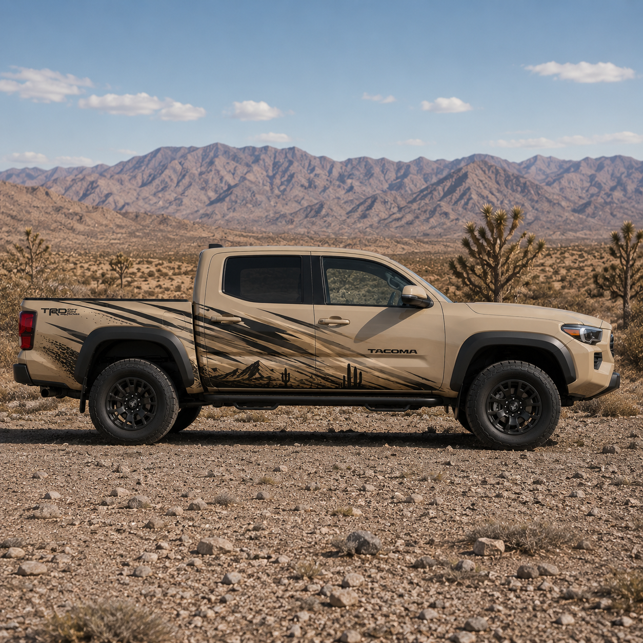 Close-up of desert mountain graphic decal on Toyota Tacoma truck bed and door
