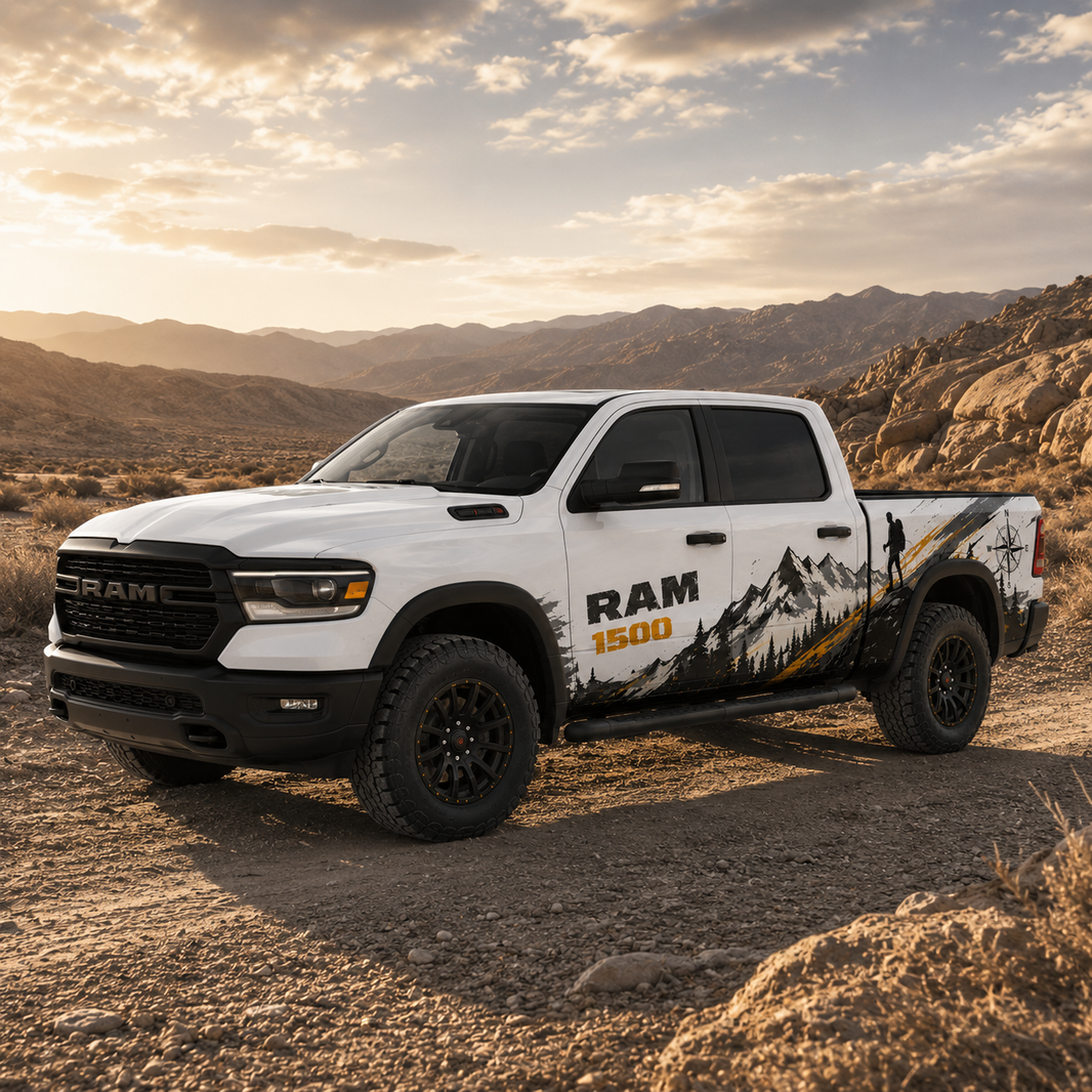 Summit Explorer mountain outdoor adventure side graphic decal on RAM 1500 – full side view