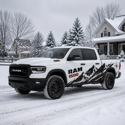 Summit Compass mountain adventure side graphic decal on RAM 1500 – full side view
