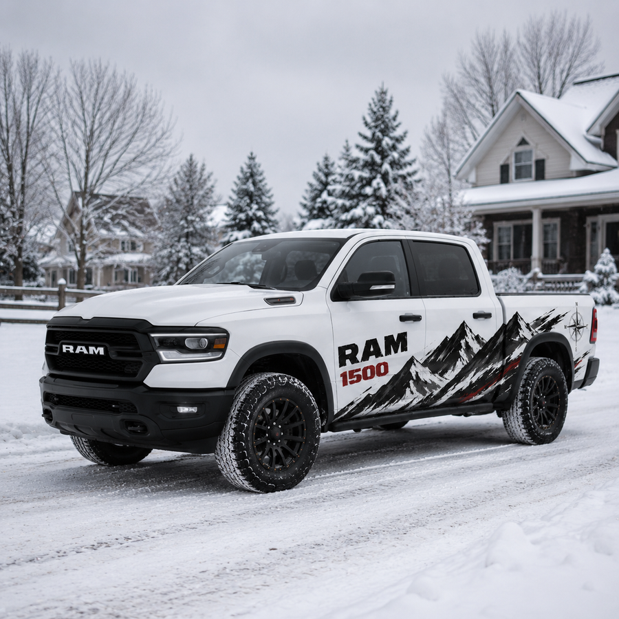 Summit Compass mountain adventure side graphic decal on RAM 1500 – full side view