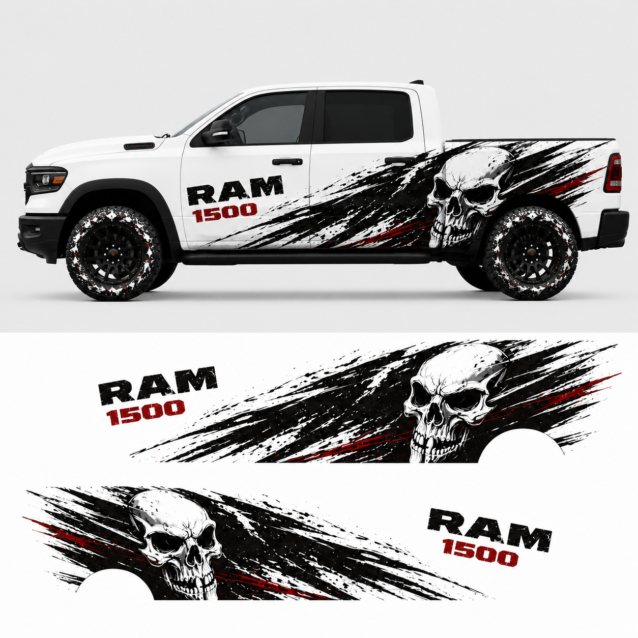 Aggressive skull side graphics design preview for RAM 1500 – Death Skull vinyl decal kit