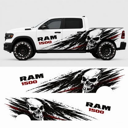 Aggressive skull side graphics design preview for RAM 1500 – Death Skull vinyl decal kit