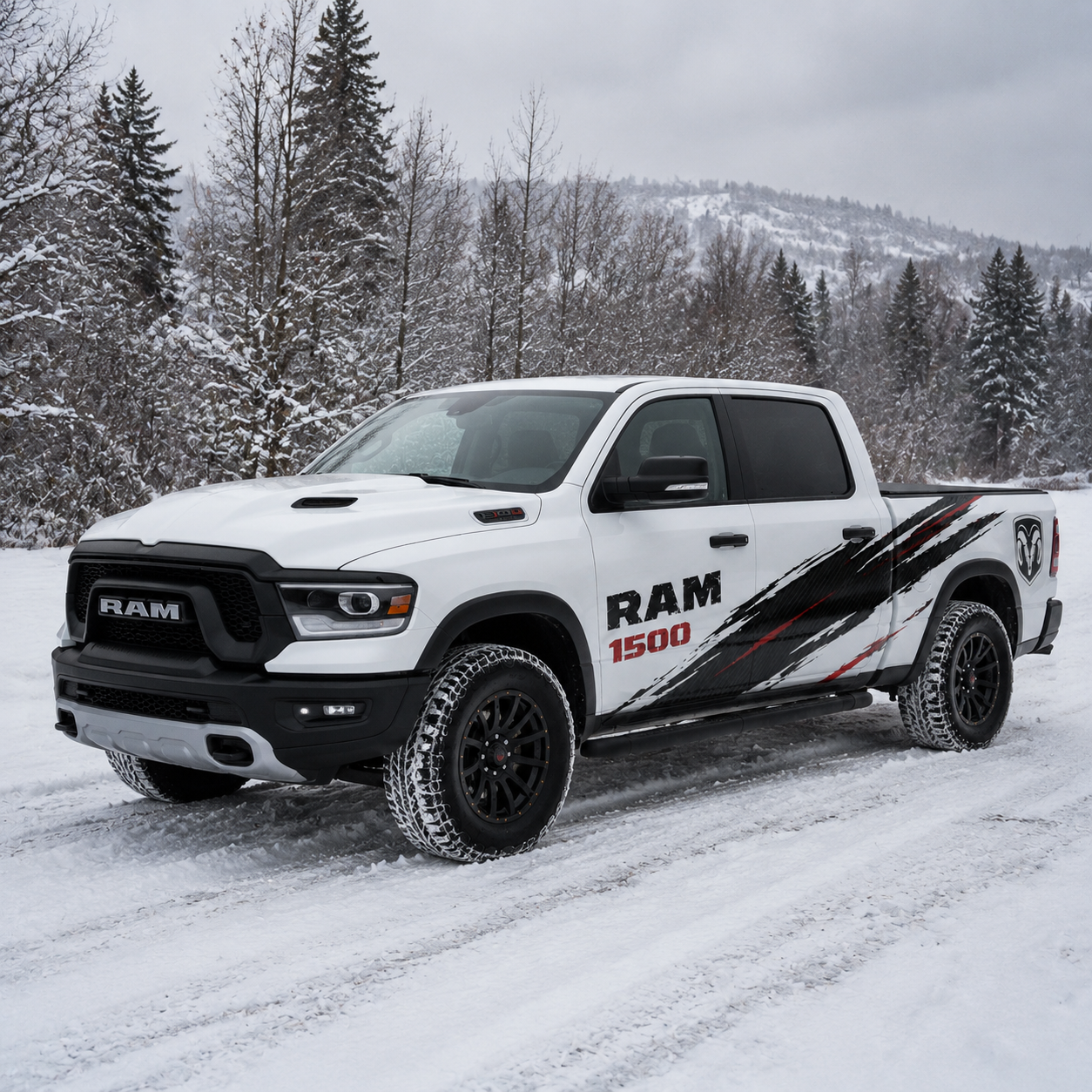 Velocity Brush carbon fiber racing side graphic decal on RAM 1500 – full side view