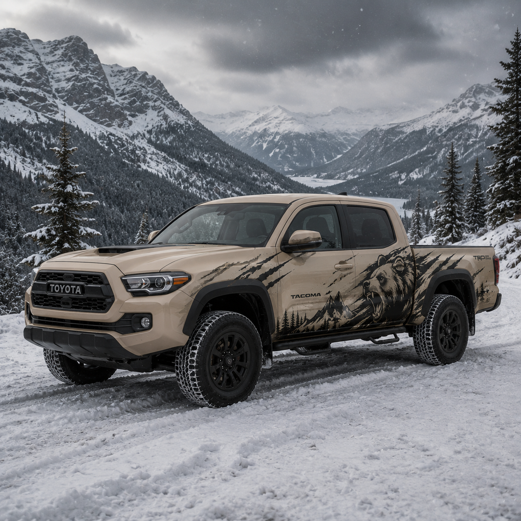 Toyota Tacoma with mountain bear truck decal in dark camo vinyl wrap