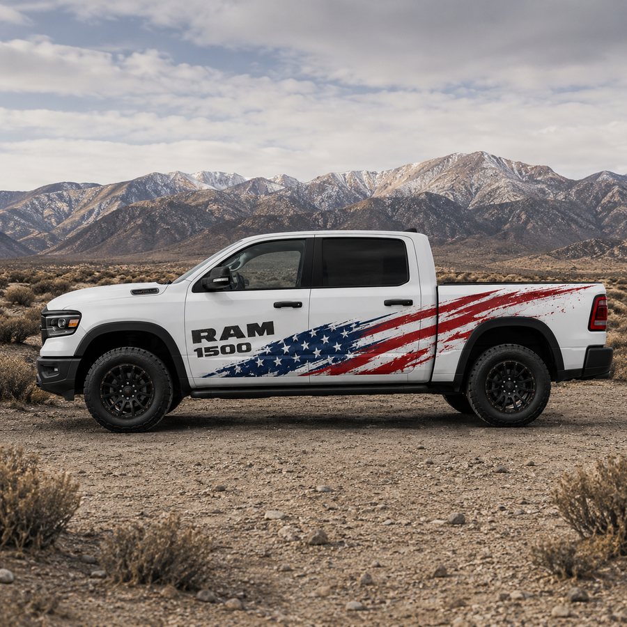 RAM 1500 American flag truck decal – close-up detail of Patriot Brush brushstroke flag graphic