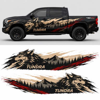 Wild Wolf Toyota Tundra truck decal flat lay showing wolf graphic and individual vinyl pieces