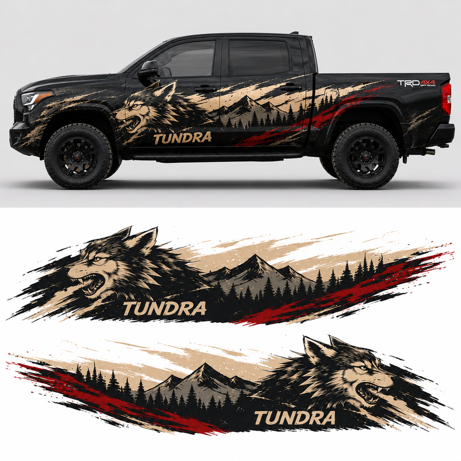 Wild Wolf Toyota Tundra truck decal flat lay showing wolf graphic and individual vinyl pieces
