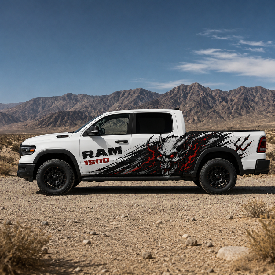 RAM 1500 demon skull truck decal – close-up detail of aggressive side vinyl graphic