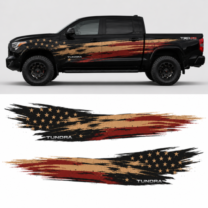 Distressed American Flag Toyota Tundra truck decal flat lay showing weathered flag graphic and individual vinyl pieces