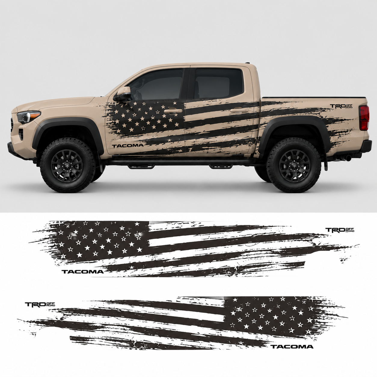 Patriotic American flag truck decal kit layout showing all vinyl pieces for Toyota Tacoma