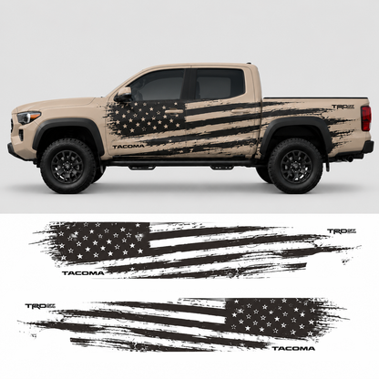 Patriotic American flag truck decal kit layout showing all vinyl pieces for Toyota Tacoma