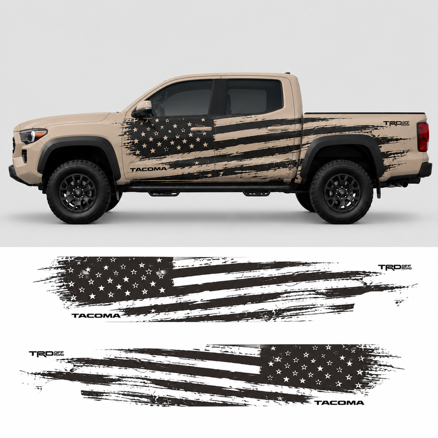 Patriotic American flag truck decal kit layout showing all vinyl pieces for Toyota Tacoma