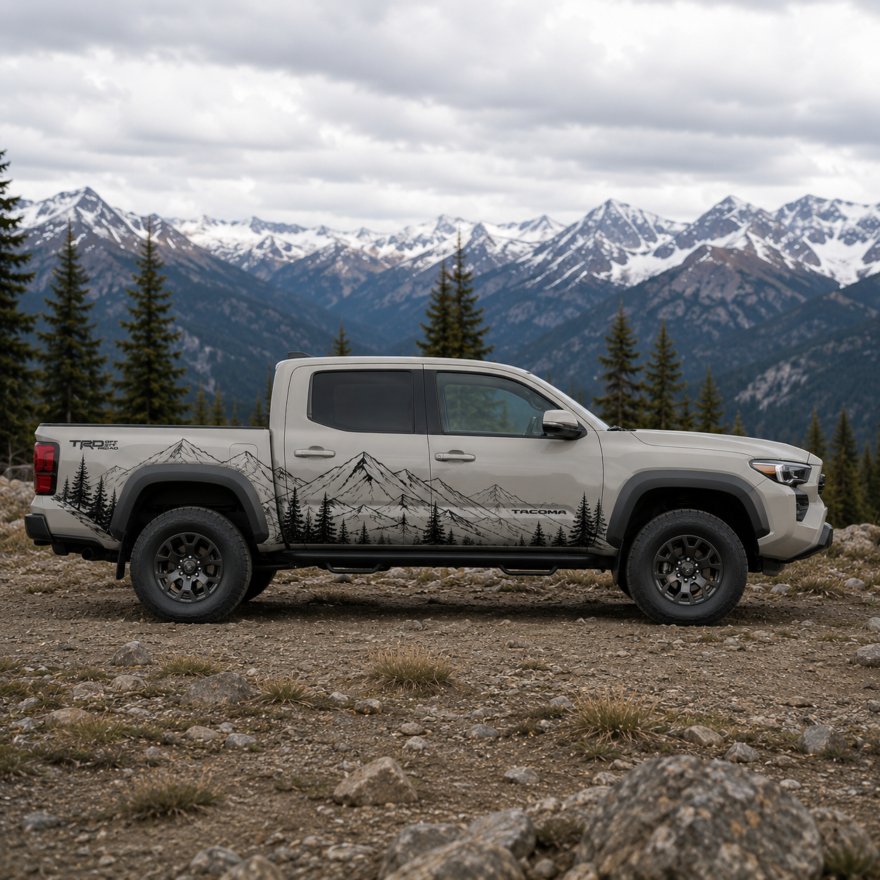 Full side view of Toyota Tacoma featuring mountain forest graphic decal
