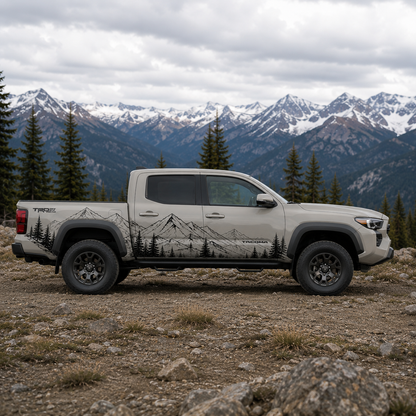 Full side view of Toyota Tacoma featuring mountain forest graphic decal