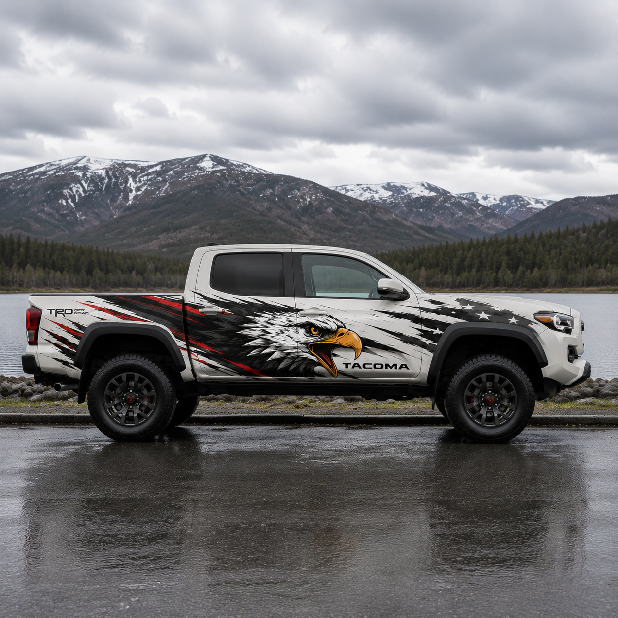 Close-up of eagle graphic vinyl decal on Toyota Tacoma truck side panel