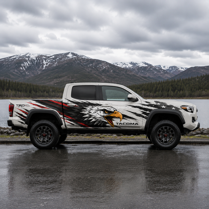 Close-up of eagle graphic vinyl decal on Toyota Tacoma truck side panel