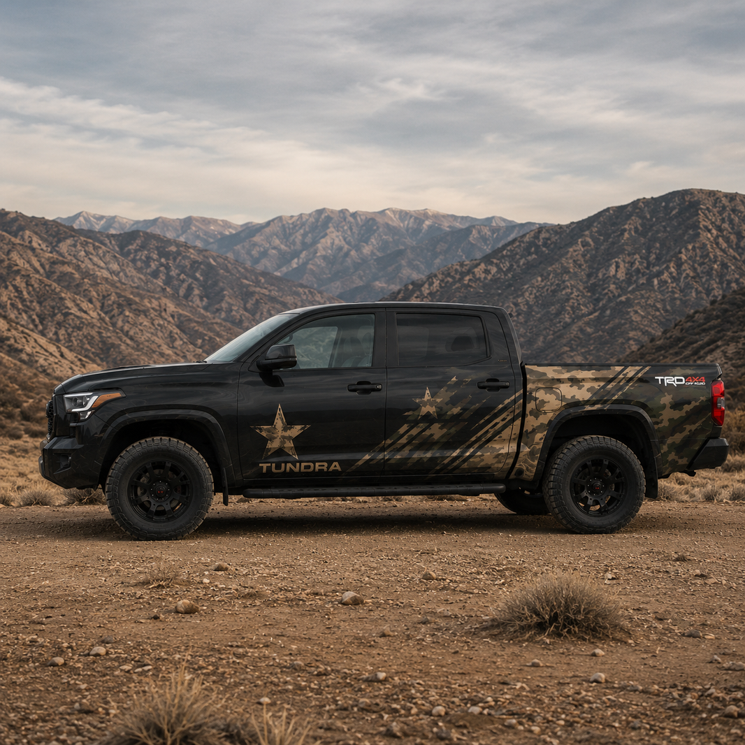 Toyota Tundra with Tactical Star full truck wrap side view in mountain terrain