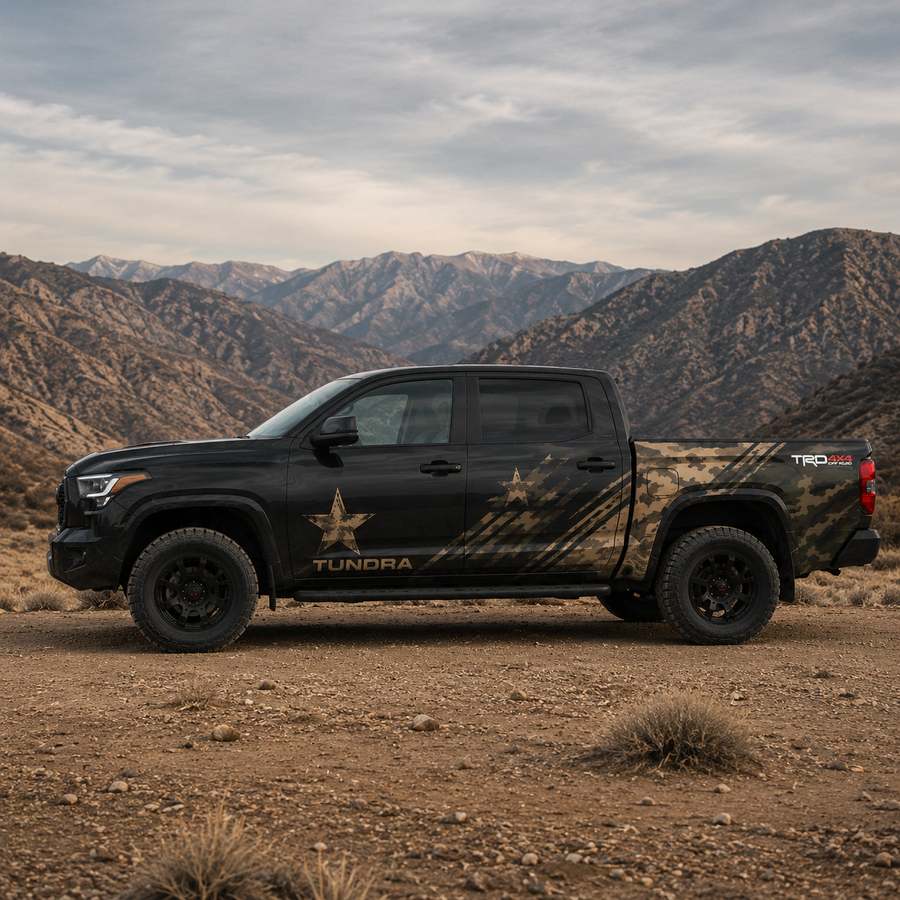 Toyota Tundra with Tactical Star full truck wrap side view in mountain terrain