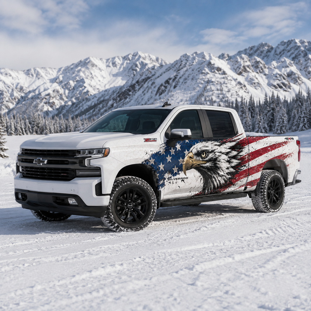 Bald Eagle Truck Decal for Chevrolet Silverado | Patriotic American Flag Side Vinyl Wrap
