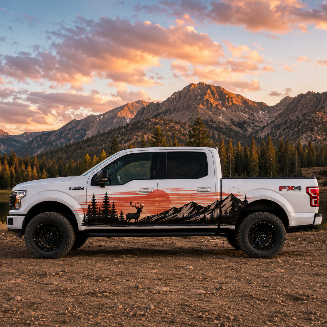 Sunset Wilderness Truck Decal for Ford F-150 | Mountain & Deer Side Vinyl Wrap