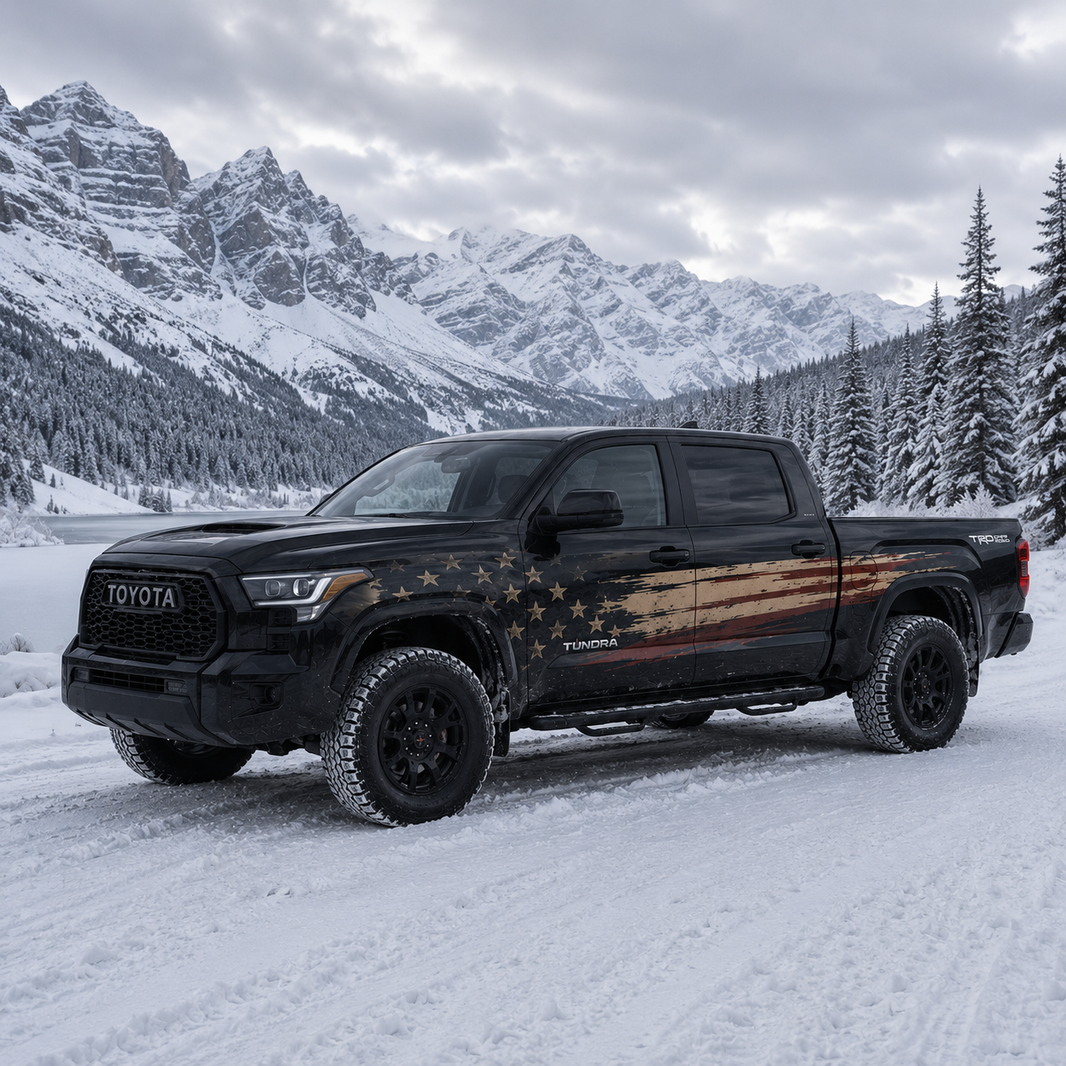 American Flag truck decal on black Toyota Tundra driving through snowy mountain landscape