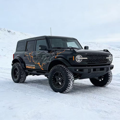 Black Ford Bronco with Relief Terrain Topographic Map Block Off-Road Side Vinyl Wrap in Snow