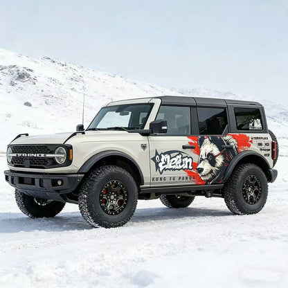 Kung Fu Panda side graphic decal on white Bronco SUV – front three-quarter view showing full wrap design