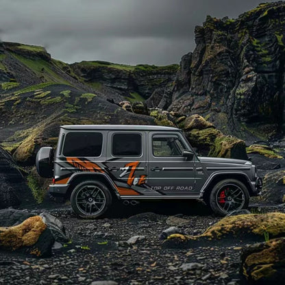 Z-Line Racing SUV Decal – Angular Stripe Off-Road Side Vinyl Wrap on Gray G-Class in Rocky Terrain