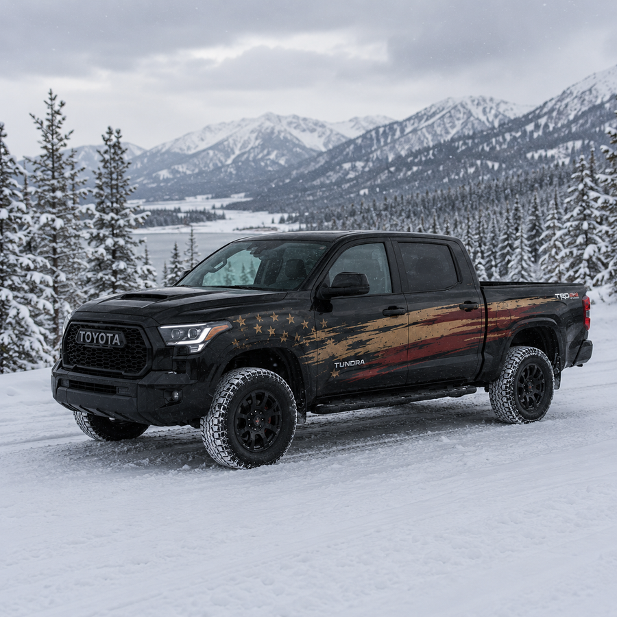 Distressed American Flag truck decal on black Toyota Tundra in snowy mountain forest