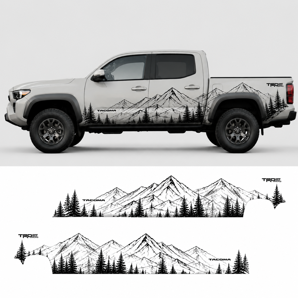 Mountain forest truck decal kit layout showing tree line and mountain vinyl pieces for Toyota Tacoma