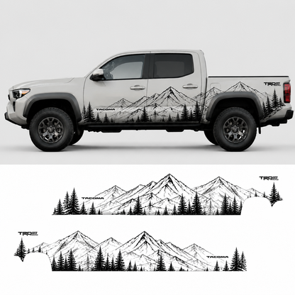 Mountain forest truck decal kit layout showing tree line and mountain vinyl pieces for Toyota Tacoma