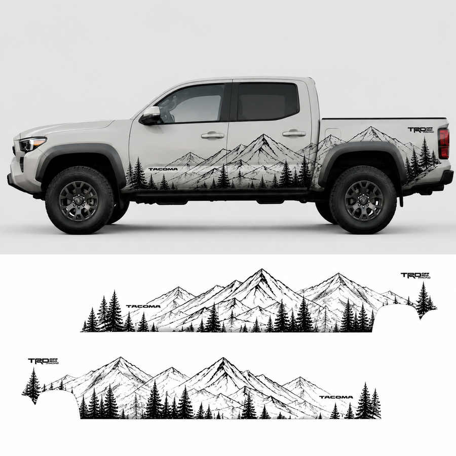 Mountain forest truck decal kit layout showing tree line and mountain vinyl pieces for Toyota Tacoma