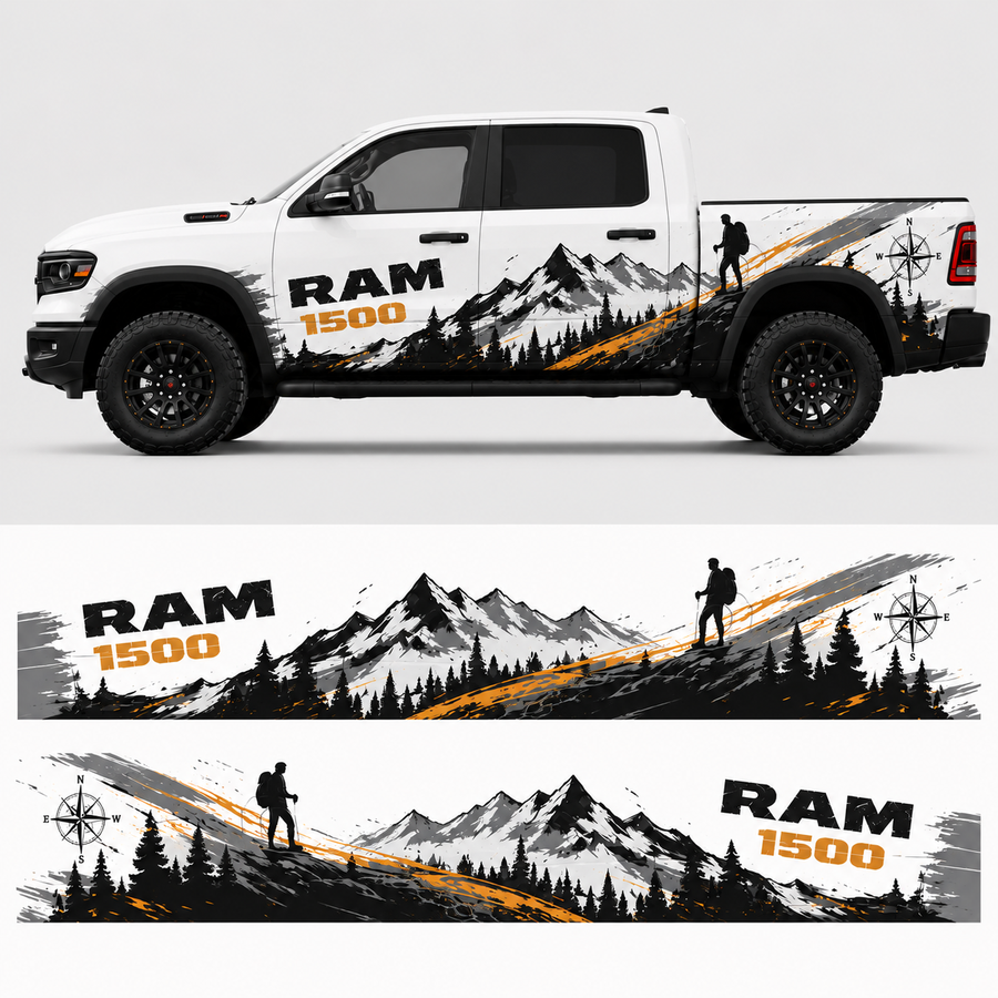 Mountain adventure side graphics design preview for RAM 1500 – Summit Explorer decal kit