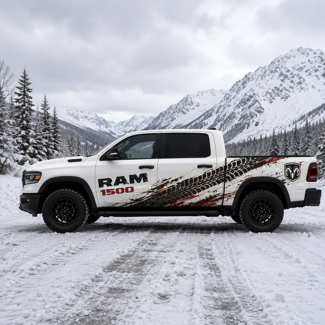 RAM 1500 tire track vinyl side decal – close-up detail of Trail Crusher graphic
