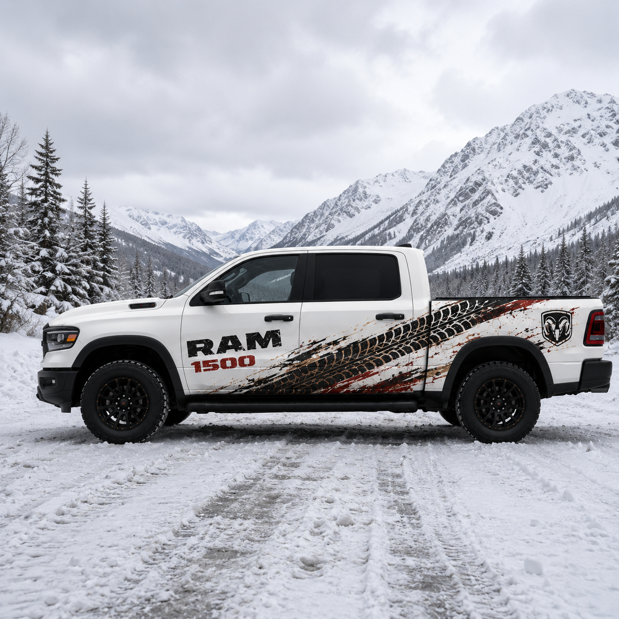 RAM 1500 tire track vinyl side decal – close-up detail of Trail Crusher graphic