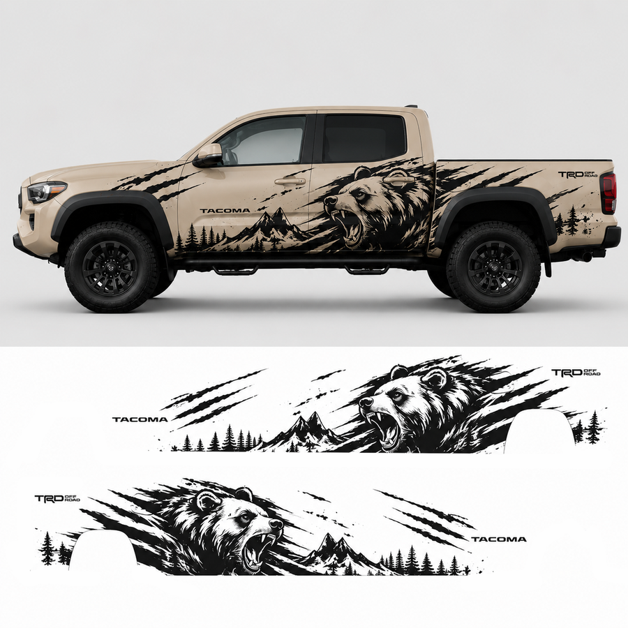 Mountain bear truck decal kit layout showing all vinyl pieces for Toyota Tacoma