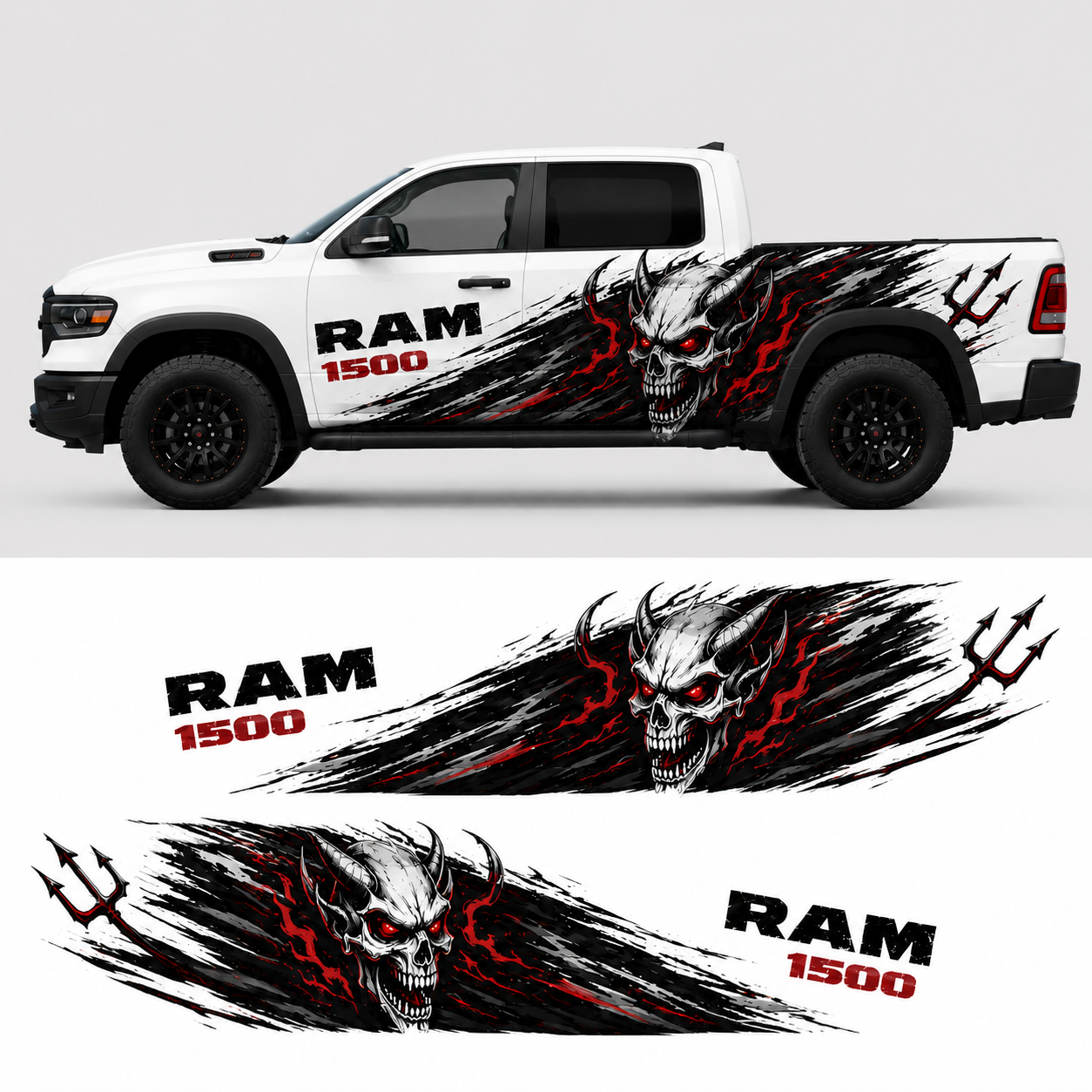 Aggressive demon skull side graphics design preview for RAM 1500 – vinyl wrap decal kit
