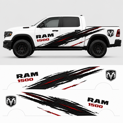 Carbon fiber side graphics design preview for RAM 1500 – Velocity Brush decal kit