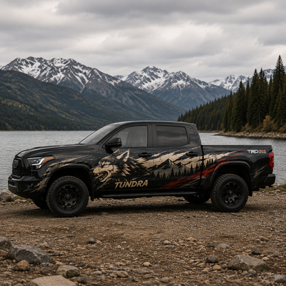 Toyota Tundra with Wild Wolf full truck wrap side view in mountain terrain