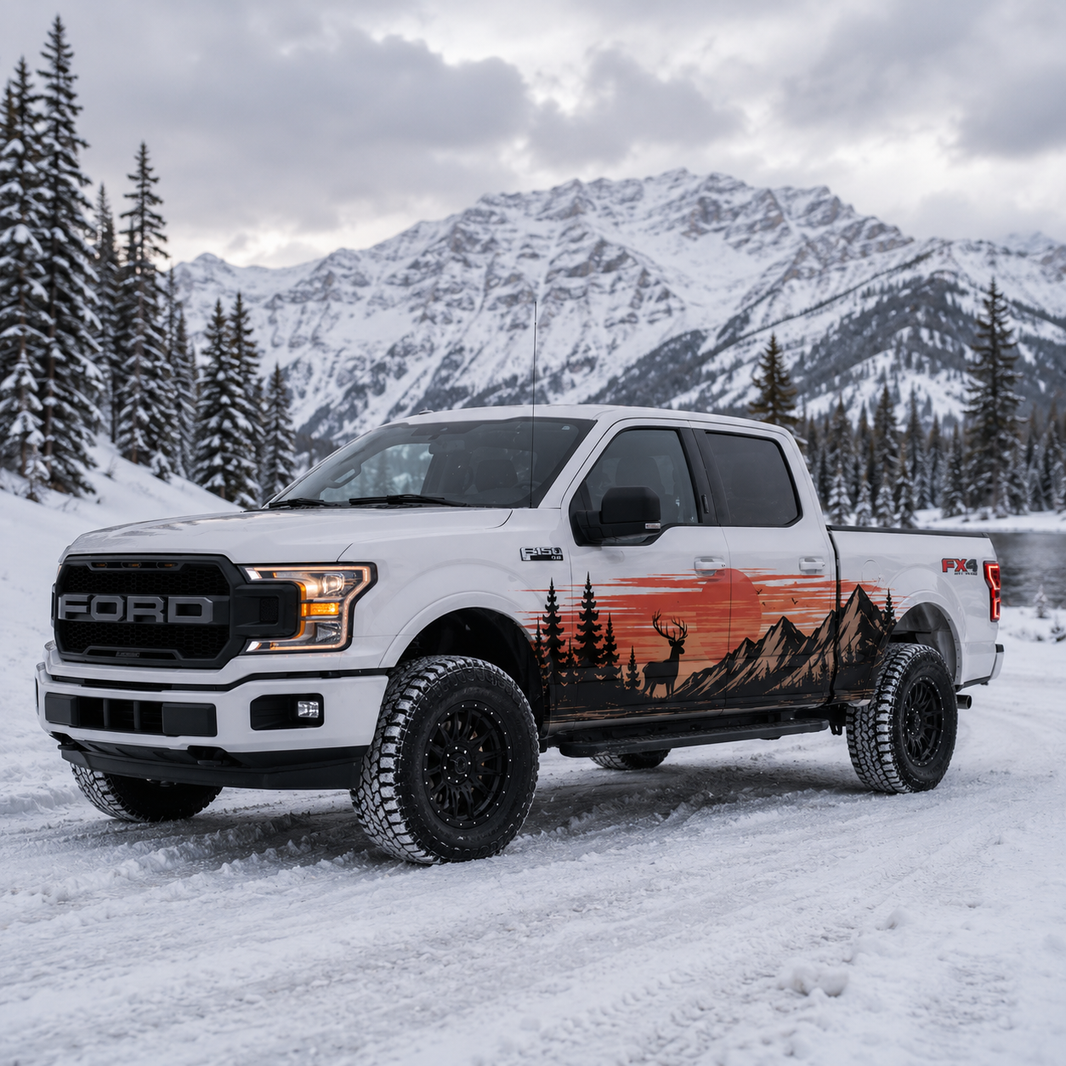 Sunset Wilderness Truck Decal for Ford F-150 | Mountain & Deer Side Vinyl Wrap