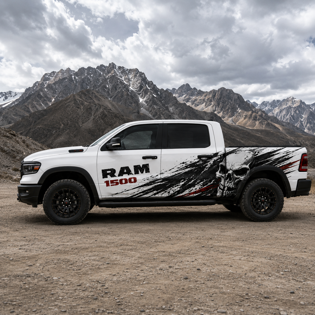 RAM 1500 skull truck decal – close-up detail of aggressive side graphic