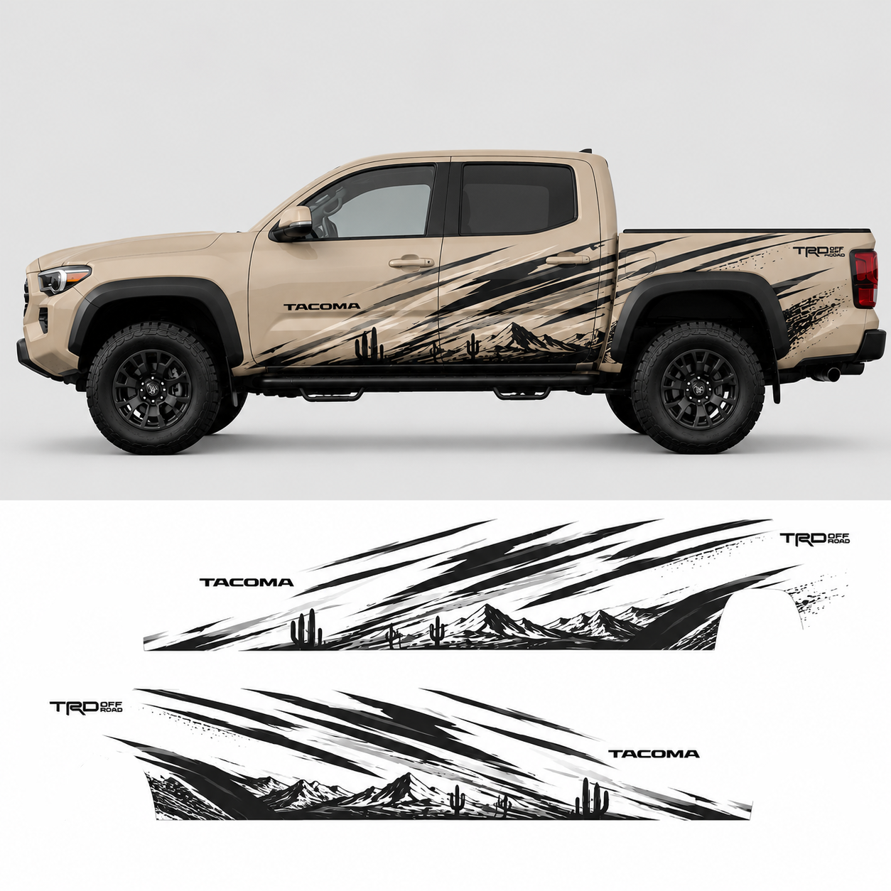 Desert mountain truck decal kit layout showing all vinyl pieces for Toyota Tacoma