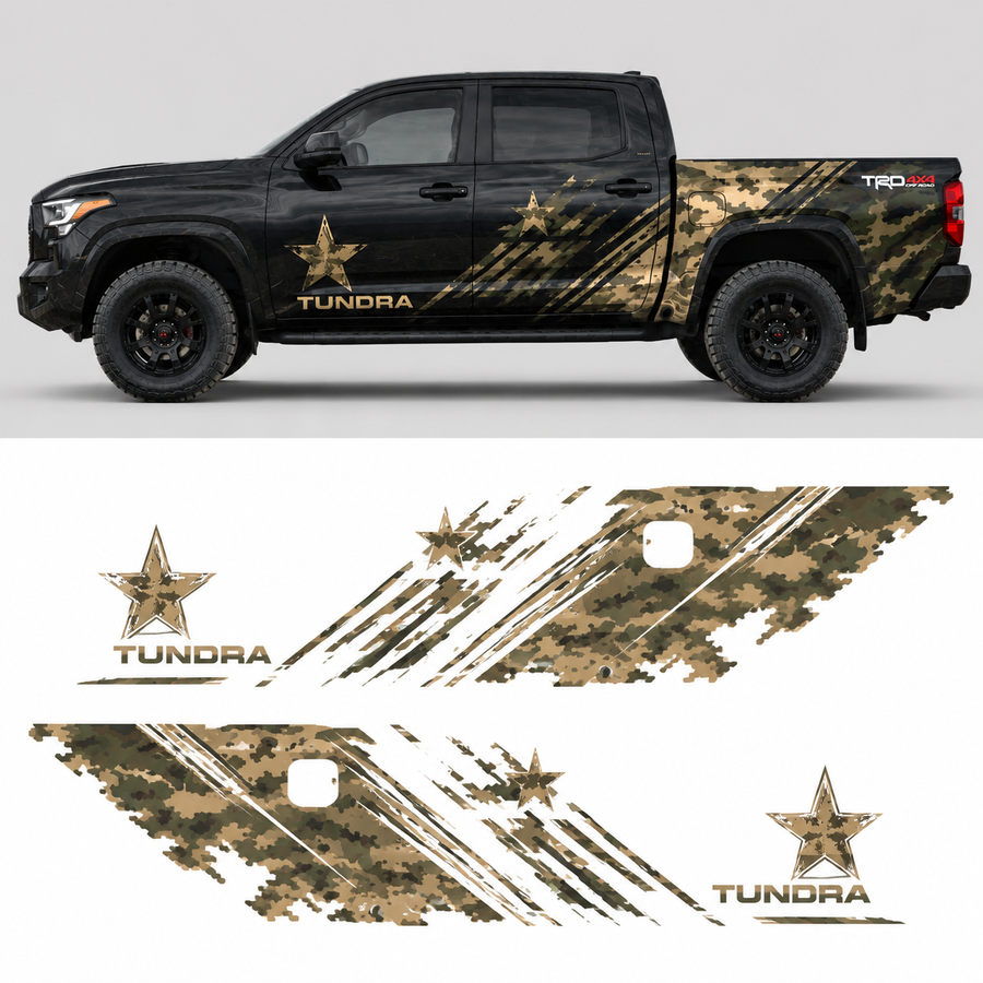 Tactical Star Toyota Tundra truck decal flat lay showing military star graphic and individual vinyl pieces
