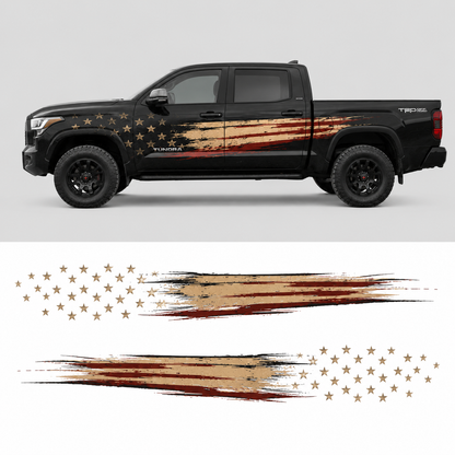 American Flag Toyota Tundra truck decal flat lay showing distressed flag graphic and individual vinyl pieces
